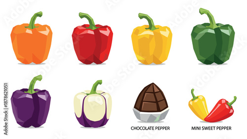Colorful low poly bell peppers and unique capsicum varieties