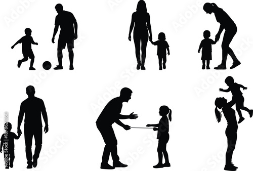 Family silhouette collection, parents with children activities, love care bonding moments, black vector illustration set for lifestyle projects