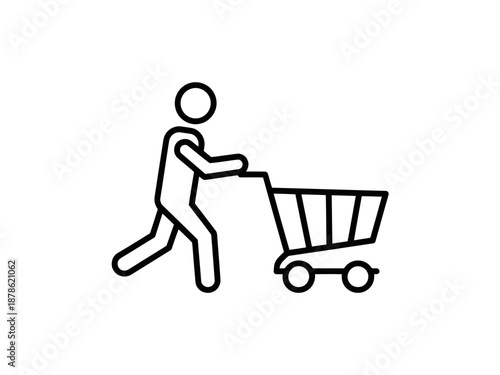 A person pushing a shopping cart in a simple line drawing