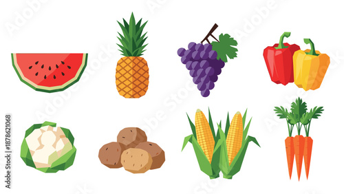 Colorful geometric fruits and vegetables collection in low poly design