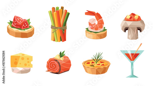 Low poly appetizers and snacks collection with cocktail drink