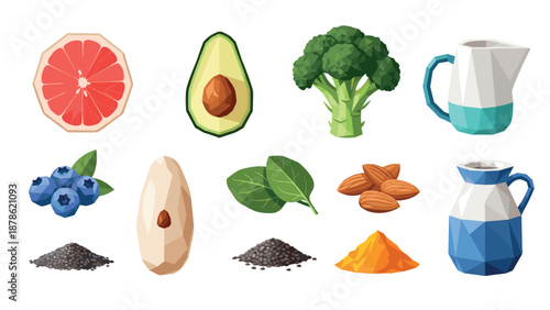 Colorful geometric icons of superfoods and kitchenware