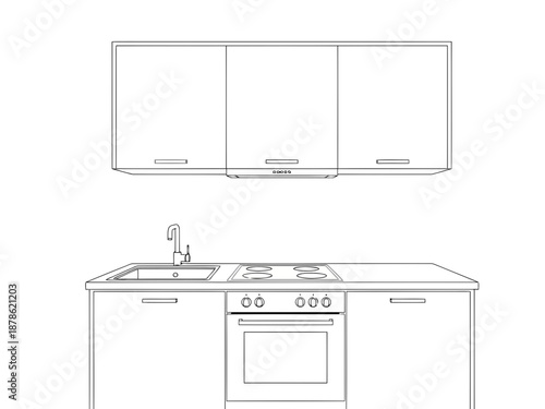 A line drawing of a kitchen with cabinets and appliances