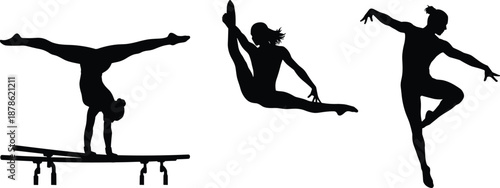 Gymnastics silhouette collection, female athlete poses, flexibility strength balance, black vector illustration set for sports fitness design projects