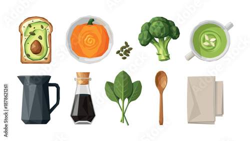 Geometric food collection with avocado toast, pumpkin soup, and fresh vegetables in low poly style
