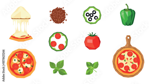 Geometric pizza ingredients and slices with fresh toppings