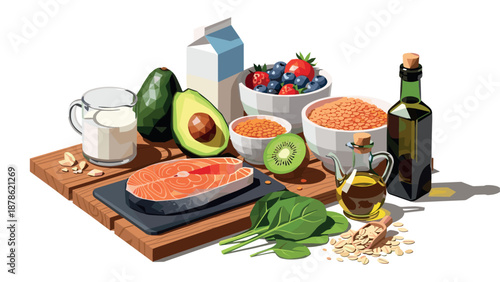 Healthy ingredients still life with fish, fruits, and vegetables on wooden surface