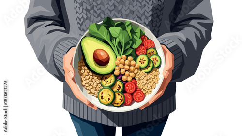Vibrant healthy food bowl with greens and vegetables held by person in sweater
