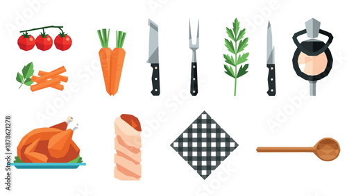 Culinary tools and ingredients in flat design for kitchen themes