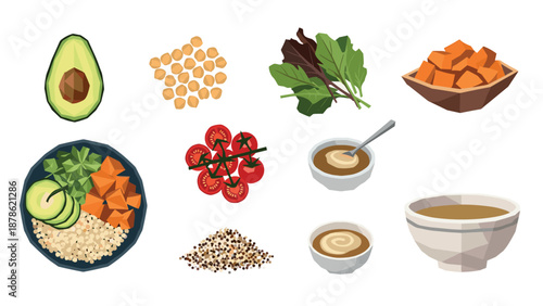 Colorful low poly vegan ingredients collection for healthy dishes