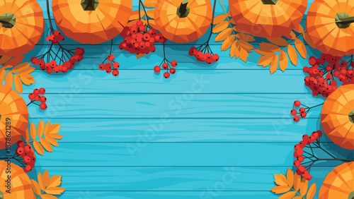 Vibrant autumn background with geometric pumpkins and red berries on wooden texture