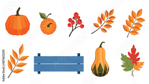 Autumn harvest elements with pumpkins, leaves, and berries in flat design