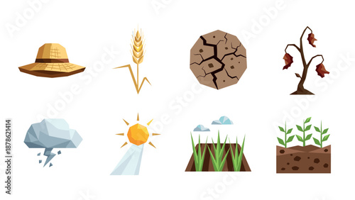 Low poly agriculture elements: weather, crops, and growth stages