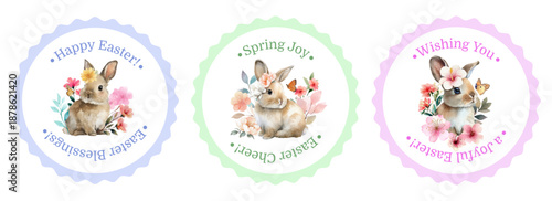 Set of watercolor Easter bunny illustrations with floral frames and spring flowers. Adorable bunnies in round cards, perfect for Easter designs and greeting cards. Vector illustration.