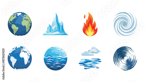 Gradient elements representing earth, ice, fire, wind, and water essentials