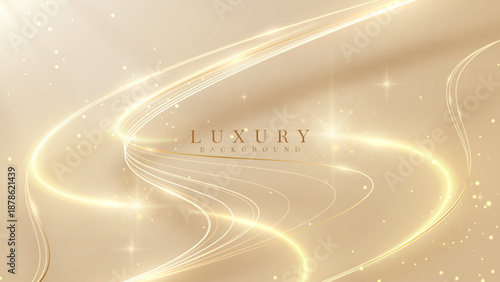 Luxury gold background with glowing golden curved lines and sparkling light effect elements.