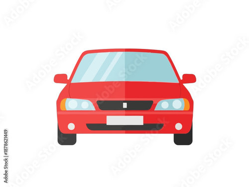 A red car with its headlights on facing forward directly