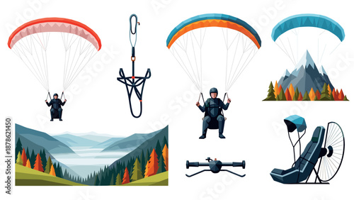 Mountain paragliding adventure with colorful parachutes and scenic landscapes