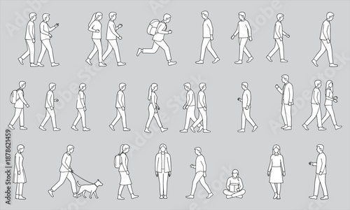 Walking people outline collection, male female characters, urban lifestyle poses, minimal line art vector illustration set for designers