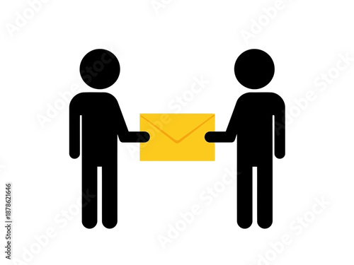 Two black people icons exchanging a yellow envelope