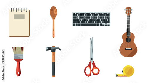 Geometric art: low poly objects featuring musical, kitchen, and office items