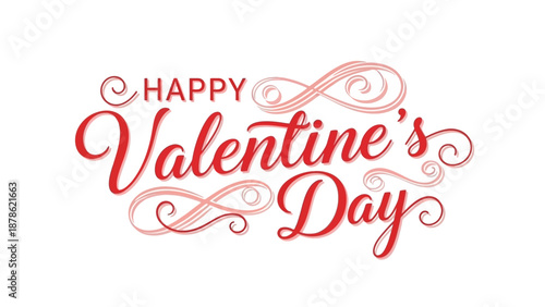 Happy Valentine's Day ornate typography with swirls and decorative elements in red