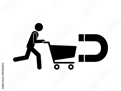 Vector illustration of a person pushing a shopping cart towards a magnet for shopping and attraction concepts