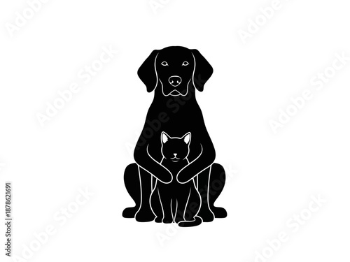 Black dog and cat sitting together