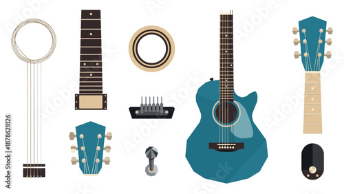 Acoustic guitar parts diagram in modern flat style