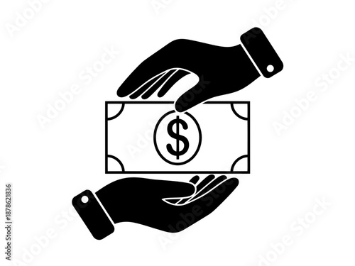 Black and white illustration of hands passing a dollar bill