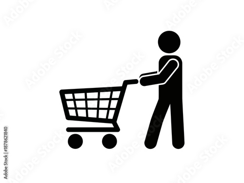 Black and white illustration of a person pushing a shopping cart