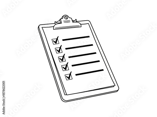 A black and white illustration of a clipboard with checkmarks