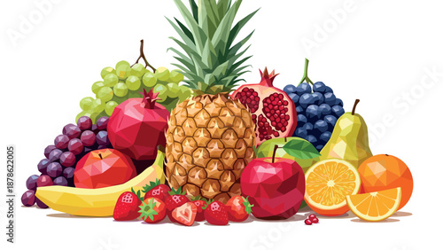 Colorful low poly fruit collection featuring pineapple, grapes, and more in geometric style
