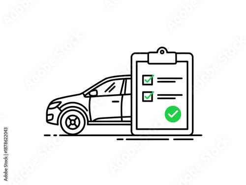 A black and white line drawing of a car next to a clipboard with green checkmarks