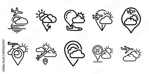 Party celebration travel weather forecast line art icon set. Minimalist Holiday line art vector icons collection