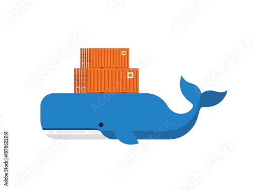 A blue whale with orange shipping boxes on its back