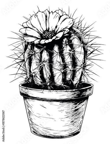 Hand drawn line art illustration of a cactus in a pot depicting a flowering succulent plant for botanical designs