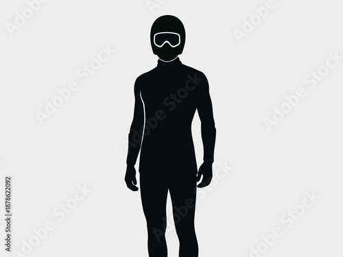Black silhouette of a person wearing a diving suit and goggles on gray