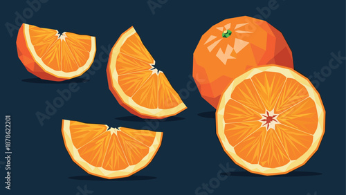 Polygonal orange collection with slices on dark background