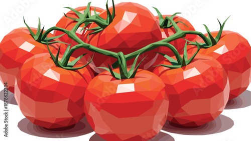 Geometric low poly tomatoes cluster with stems and leaves