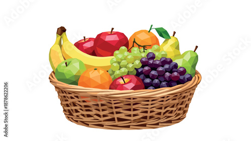 Geometric fruit basket with bananas, apples, grapes and pears on white background