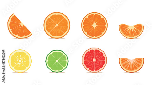 Colorful citrus fruits collection: orange, lemon, lime, grapefruit