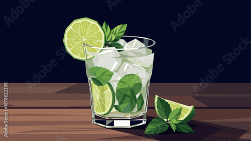 Refreshing glass of mojito with ice cubes and lime on wooden table in flat design