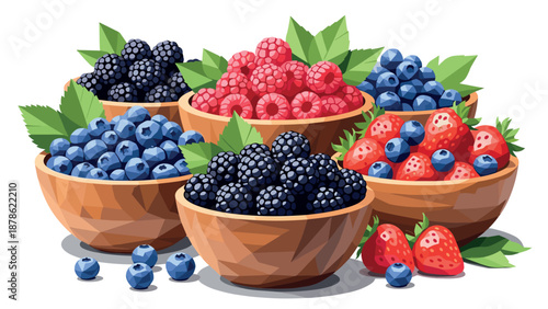 Fresh berries in wooden bowls with green leaves in geometric art style
