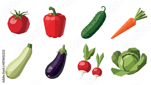 Geometric low poly vegetables: tomato, pepper, cucumber, carrot, and more