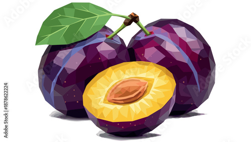 Low poly purple plums with leaf on white background