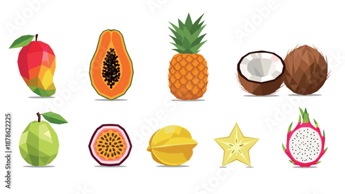 Colorful geometric tropical fruits collection in low poly style for modern designs
