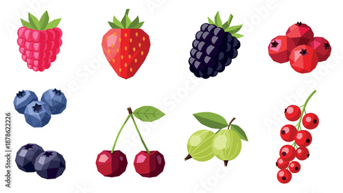 Geometric berry collection: low poly style fruits for modern design