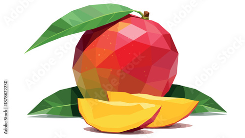Geometric low poly mango with leaves on white background