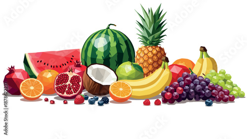 Colorful low poly fruits composition with pineapple and watermelon